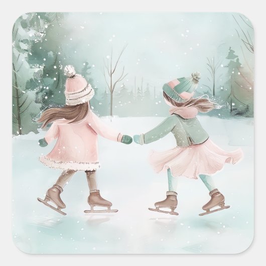 Mint en Roze Meisjes Schaatsen - Winter Scene Vierkante Sticker (Voorkant)