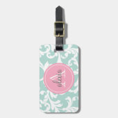 Mint en Roze Monogrammed Damask Print Bagagelabel (Voorkant verticaal)