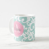 Mint en Roze Monogrammed Damask Print Koffiemok (Voorkant links)
