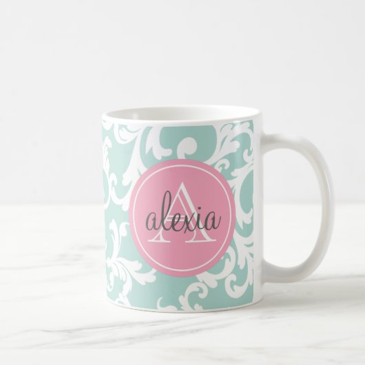 Mint en Roze Monogrammed Damask Print Koffiemok (Rechts)