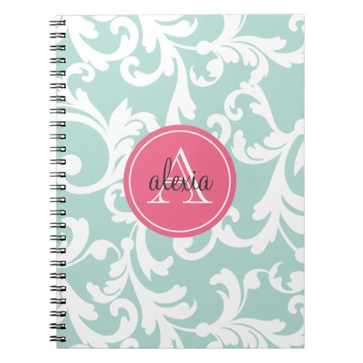 Mint en Roze Monogrammed Damask Print Notitieboek (Voorkant)