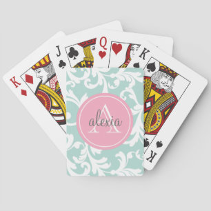 Mint en Roze Monogrammed Damask Print Pokerkaarten
