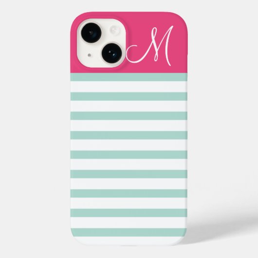 Mint en roze Preppy Strepen Monogram Case-Mate iPhone Case (Achterkant)