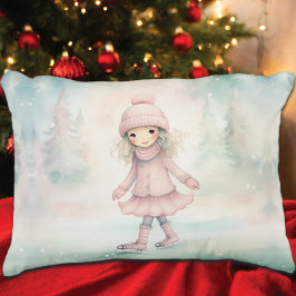 Mint en roze Winter Scene Girl Schaatsen Accent Kussen