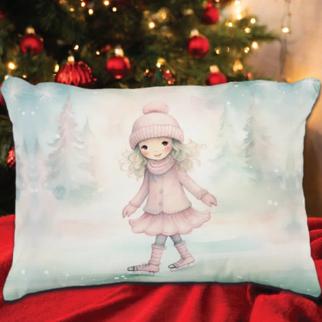 Mint en roze Winter Scene Girl Schaatsen Accent Kussen (Creator heeft geüpload)