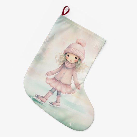 Mint en roze Winter Scene Girl Schaatsen Grote Kerstsok (Voorkant (Hangend))