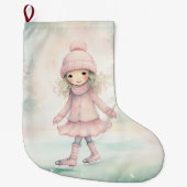 Mint en roze Winter Scene Girl Schaatsen Grote Kerstsok (Voorkant)