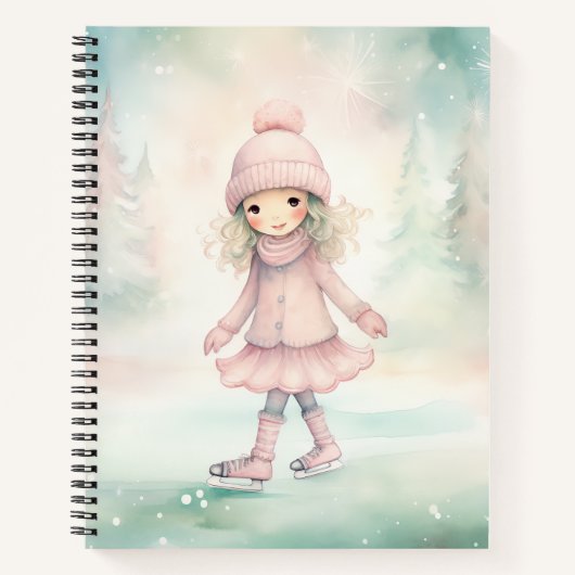 Mint en roze Winter Scene Girl Schaatsen Notitieboek (Voorkant)