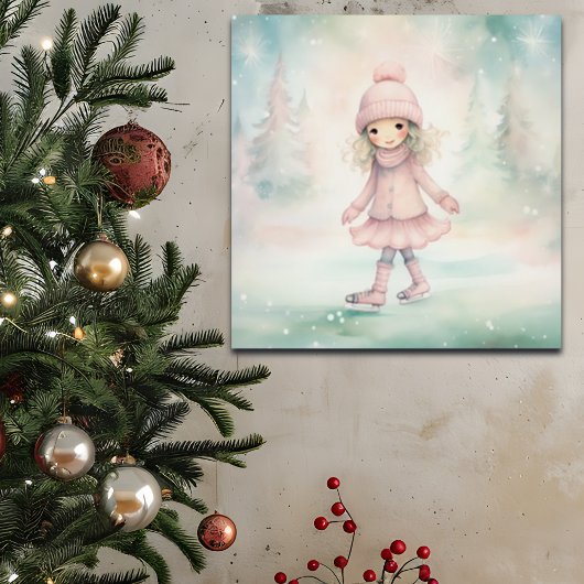 Mint en roze Winter Scene Girl Schaatsen Poster