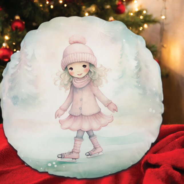 Mint en roze Winter Scene Girl Schaatsen Rond Kussen (Creator heeft geüpload)