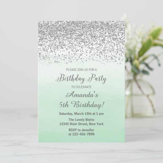 Mint en Silver Birthday Uitnodiging (Staand voorkant)