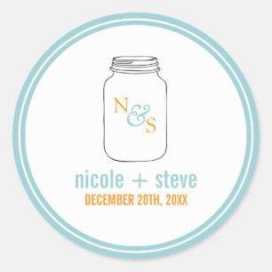 Mint en Tangerine Mason Jar Monogrammed Wedding Ronde Sticker