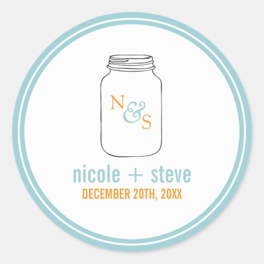 Mint en Tangerine Mason Jar Monogrammed Wedding Ronde Sticker (Voorkant)