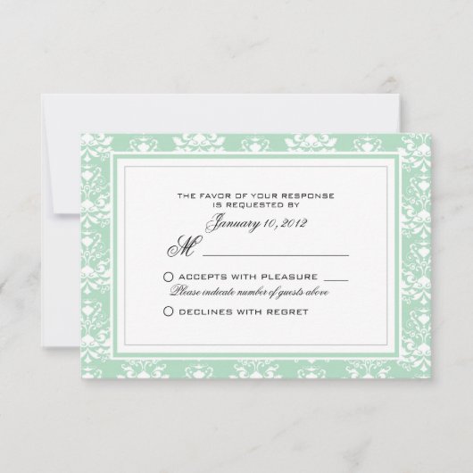 Mint en White Damask Custom Wedding RSVP Kaartje (Voorkant)