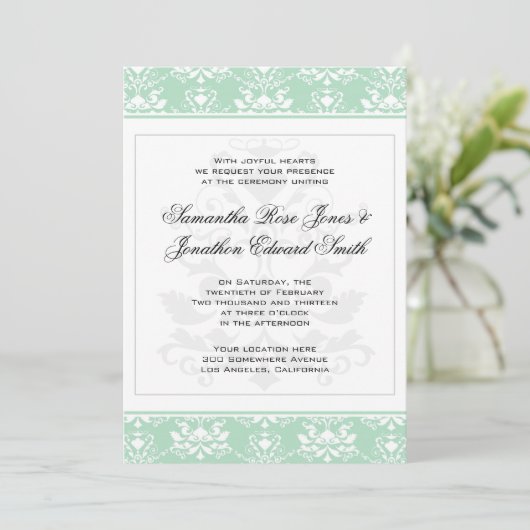 Mint en White Damask Wedding Invitation Kaart (Staand voorkant)