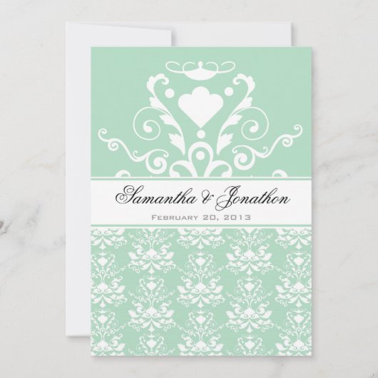 Mint en White Damask Wedding Invitation Kaart (Achterkant)