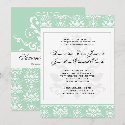 Mint en White Damask Wedding Invitation Kaart (Voorkant / Achterkant)