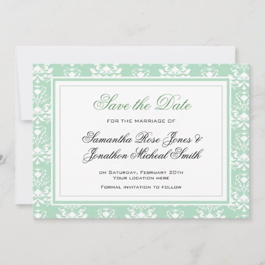 Mint en White Damask Wedding Invitation Save The Date (Voorkant)