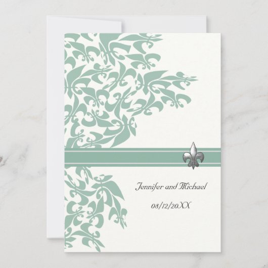 Mint en White Fleur de Lis Design Wedding Invite Kaart (Voorkant)