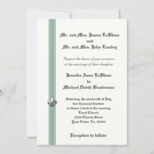 Mint en White Fleur de Lis Design Wedding Invite Kaart (Achterkant)