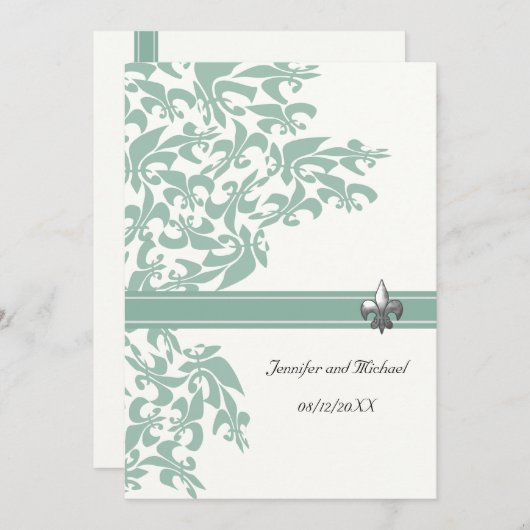Mint en White Fleur de Lis Design Wedding Invite Kaart (Voorkant / Achterkant)