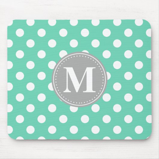 Mint en White Polka Dots Gray Monogram Muismat (Voorkant)