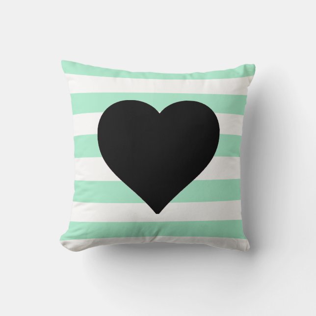 Mint en White Striped Black Heart Sierkussen (Voorkant)