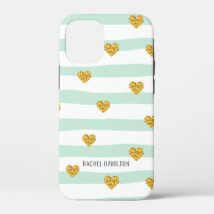 Mint en White Stripes Gold Hearts Custom Name Case-Mate iPhone Case