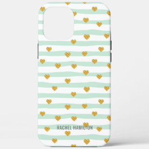 Mint en White Stripes Gold Hearts Custom Name Case-Mate iPhone Case