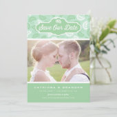 Mint en wit bloemmotief foto opslaan onze datum kaart (Staand voorkant)