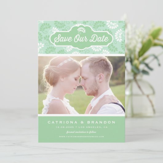 Mint en wit bloemmotief foto opslaan onze datum kaart (Staand voorkant)
