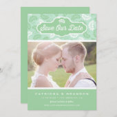 Mint en wit bloemmotief foto opslaan onze datum kaart (Voorkant / Achterkant)