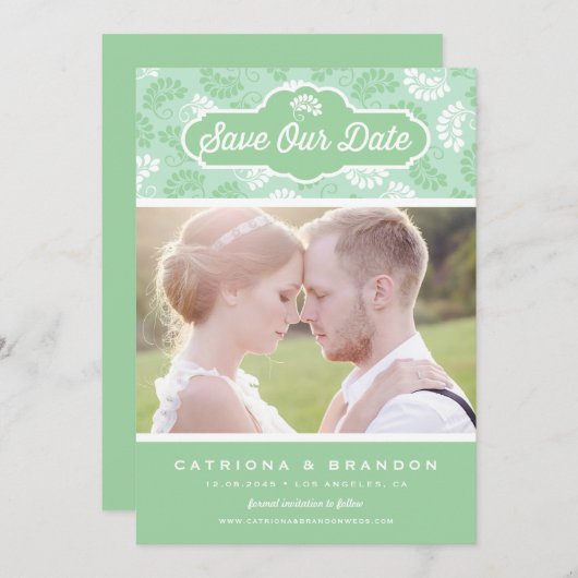 Mint en wit bloemmotief foto opslaan onze datum kaart (Voorkant / Achterkant)