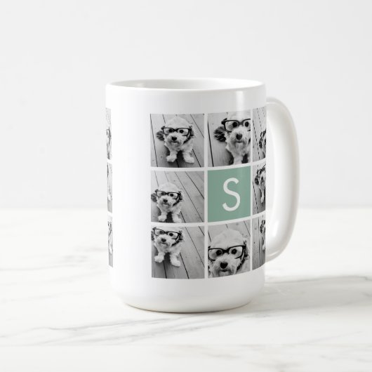 Mint en witte foto collage met monogram koffiemok (Voorkant rechts)