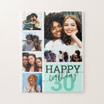 Mint Family Friends Photo Collage Happy Birthday Legpuzzel<br><div class="desc">Deze coole en leuke verjaardagspuzzel is perfect voor elke vriend of familielid. Het bevat acht aanpasbare foto-afbeeldingen met het citaat "Happy Birthday" boven op een blauwgroen groen "30" (dat kan worden gewijzigd in elke leeftijd) en een groen kleurenblokvierkant. Het is modern, leuk en een geweldige manier om je vriend of...</div>