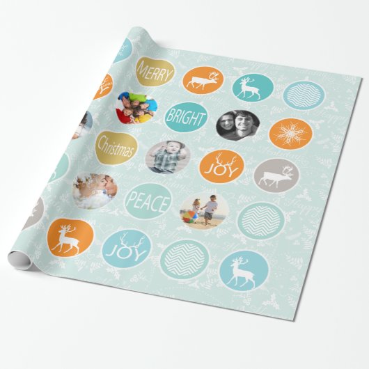 Mint Family Photo Reindeer Kerstmis Merry Bright Cadeaupapier (Uitgerold)