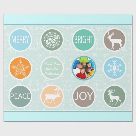 Mint Family Photo Reindeer Kerstmis Merry Bright Cadeaupapier (Vlak)