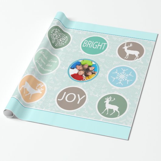 Mint Family Photo Reindeer Kerstmis Merry Bright Cadeaupapier (Uitgerold)