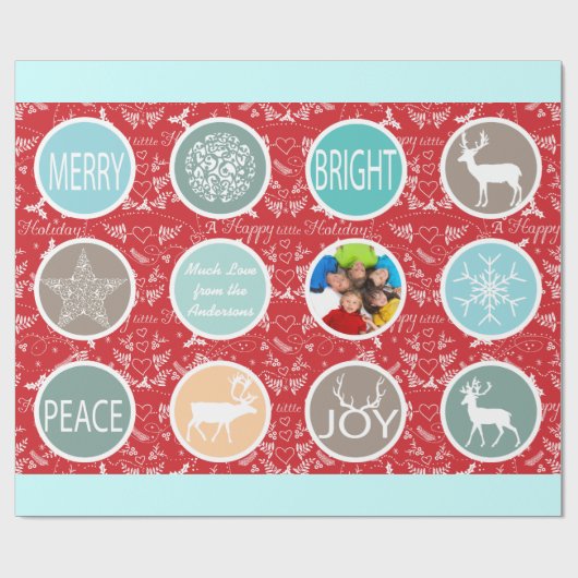 Mint Family Photo Reindeer Kerstmis Merry Bright Cadeaupapier (Vlak)