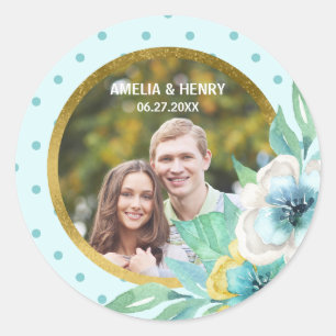 Mint Faux Gold, Waterverf Floral Wedding Foto Ronde Sticker