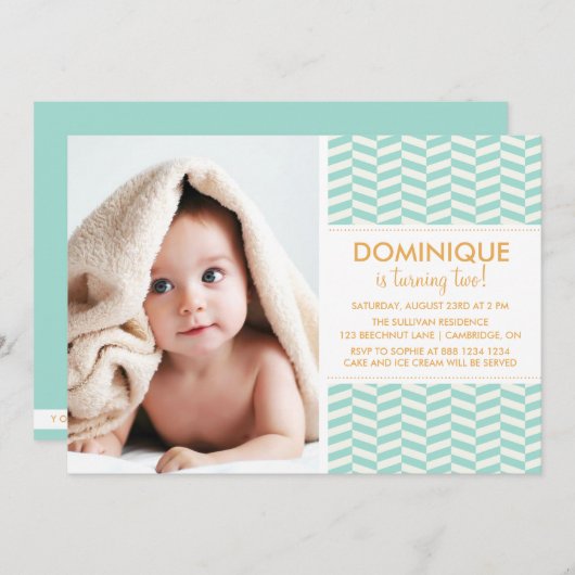 Mint Fishbone Pattern Foto Birthday Invitation Kaart (Voorkant / Achterkant)