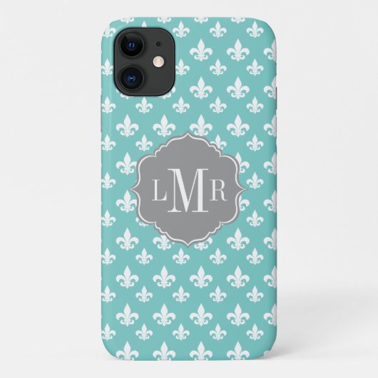 Mint Fleur De Lis Pattern Monogram Case-Mate iPhone Case (Achterkant)