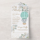 Mint Floral Hot Air Ballon Elephant Baby shower All In One Uitnodiging (Binnen)