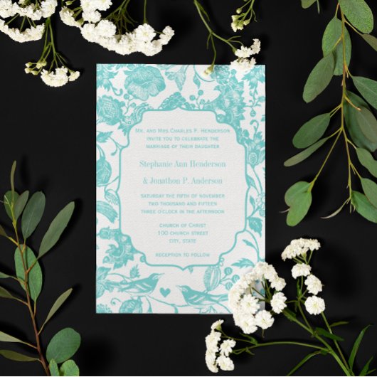 Mint Floral Pattern Love Bird Wedding Kaart