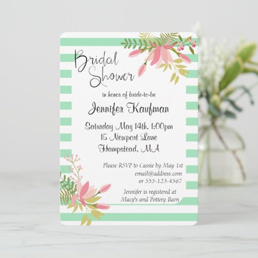 Mint Floral Stripe Wedding Script | Vrijgezellenfe Kaart (Staand voorkant)