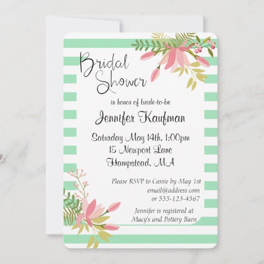 Mint Floral Stripe Wedding Script | Vrijgezellenfe Kaart (Voorkant)