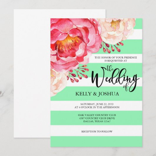 Mint Floral Wedding Invitation Kaart (Voorkant / Achterkant)