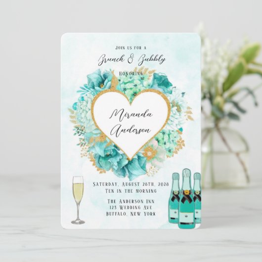 Mint Florals and Gold Foliage Brunch & Bubble Kaart (Staand voorkant)