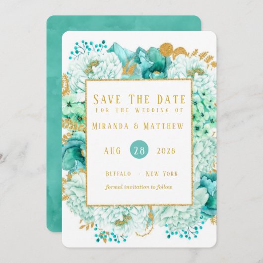 Mint Florals and Gold Foliage Save the Date Cards Kaart (Voorkant / Achterkant)