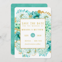 Mint Florals and Gold Foliage Save the Date Cards
